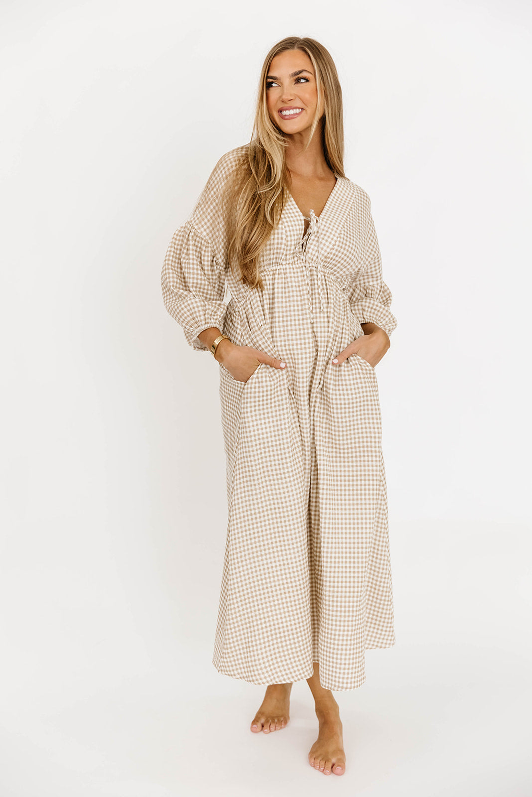 Hunter Printed Gauze Midi Dress in Natural Plaid