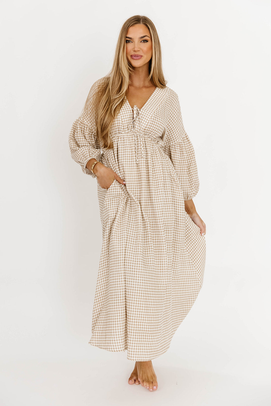 Hunter Printed Gauze Midi Dress in Natural Plaid
