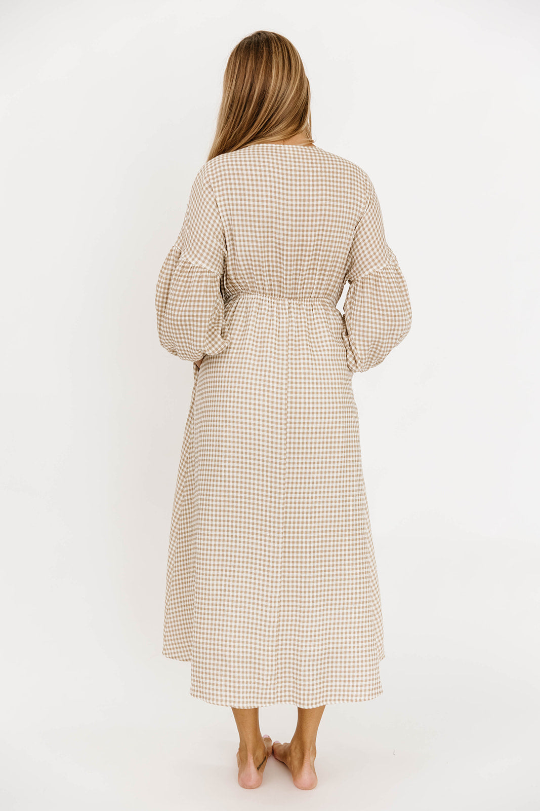 Hunter Printed Gauze Midi Dress in Natural Plaid