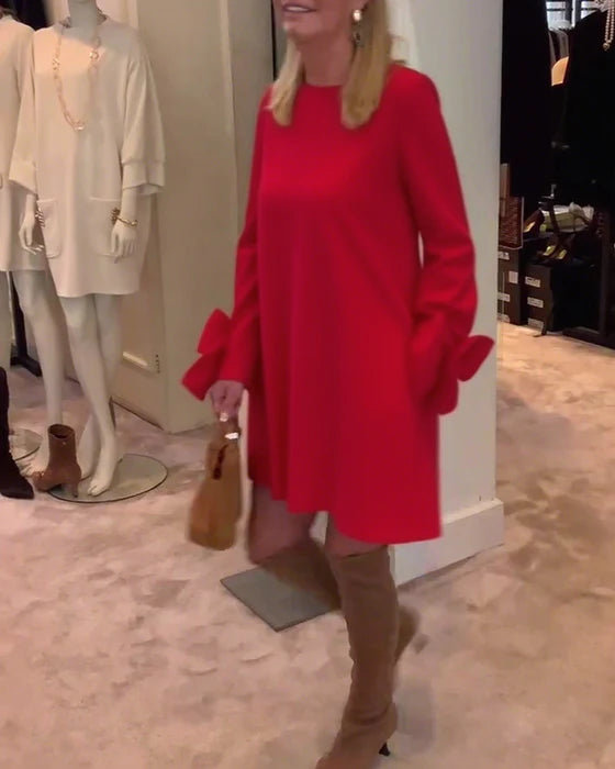 Fashion Round Neck Dress with Bow Sleeve Detail & Relaxed Fit