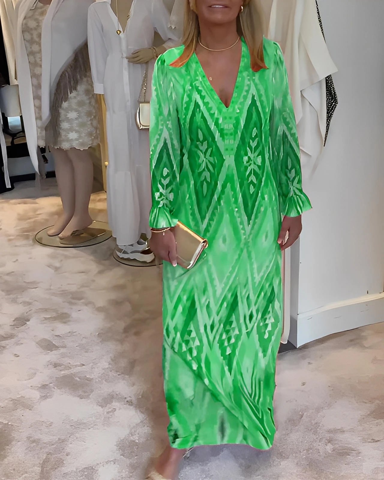 Deep V-Neck Long Sleeve Dress with Retro Geometric Print