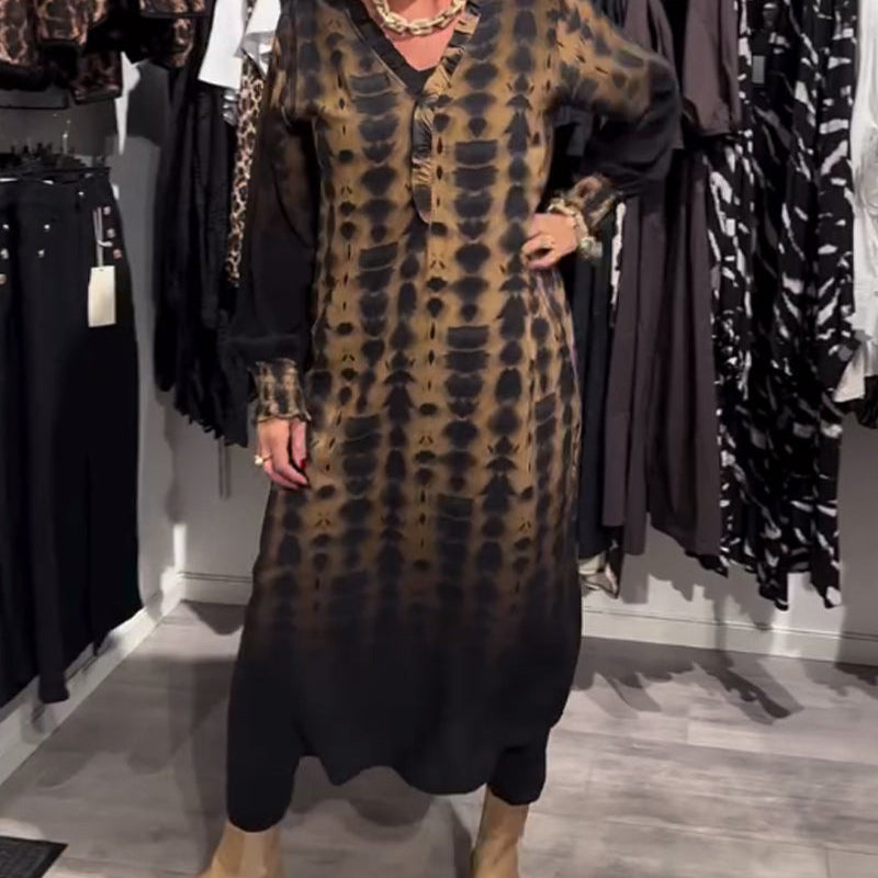 Long-Sleeve V-Neck Dress With Dai Print