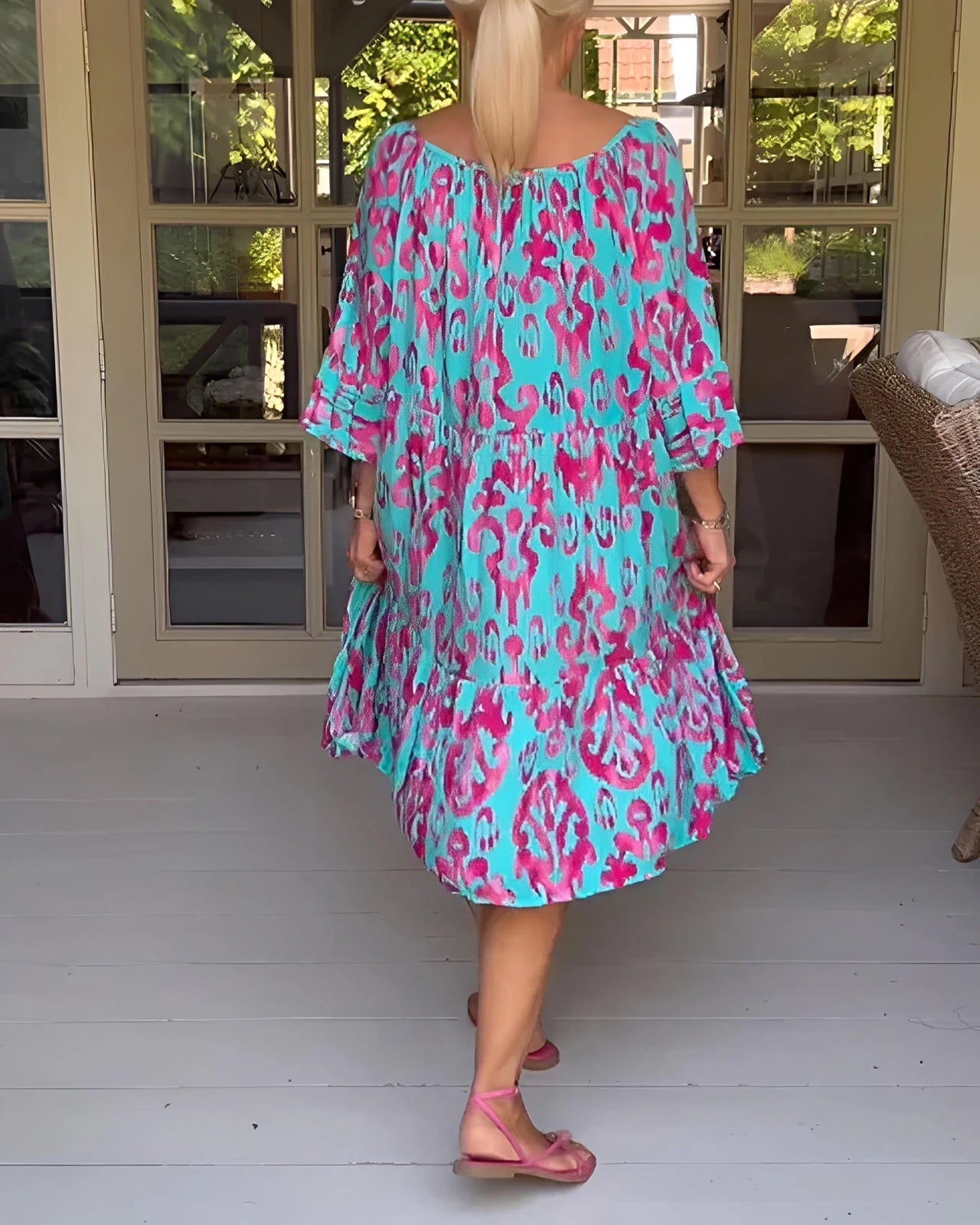 Printed Dress with Bell Sleeves & Relaxed Fit Silhouette