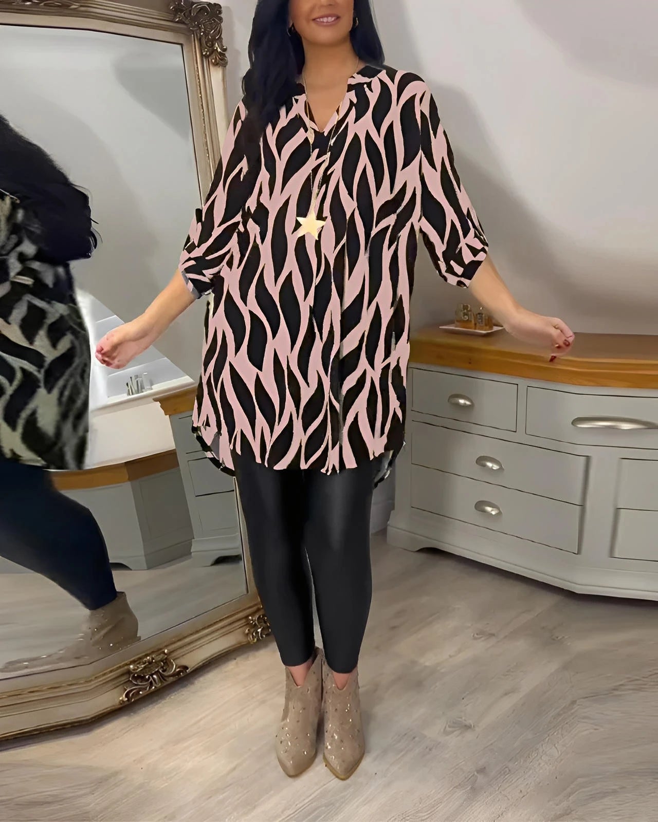 Relaxed Fit Women’s Blouse with V-Neck & Short Sleeves