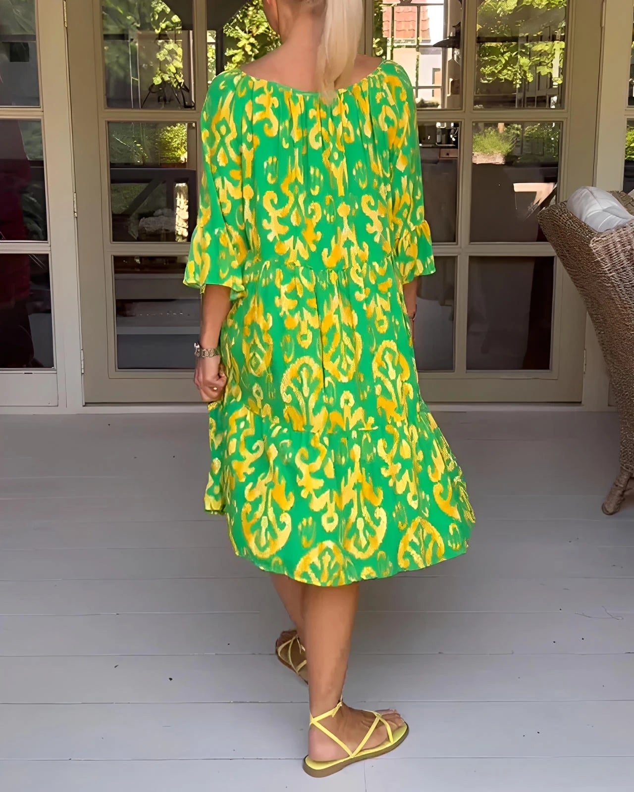 Printed Dress with Bell Sleeves & Relaxed Fit Silhouette