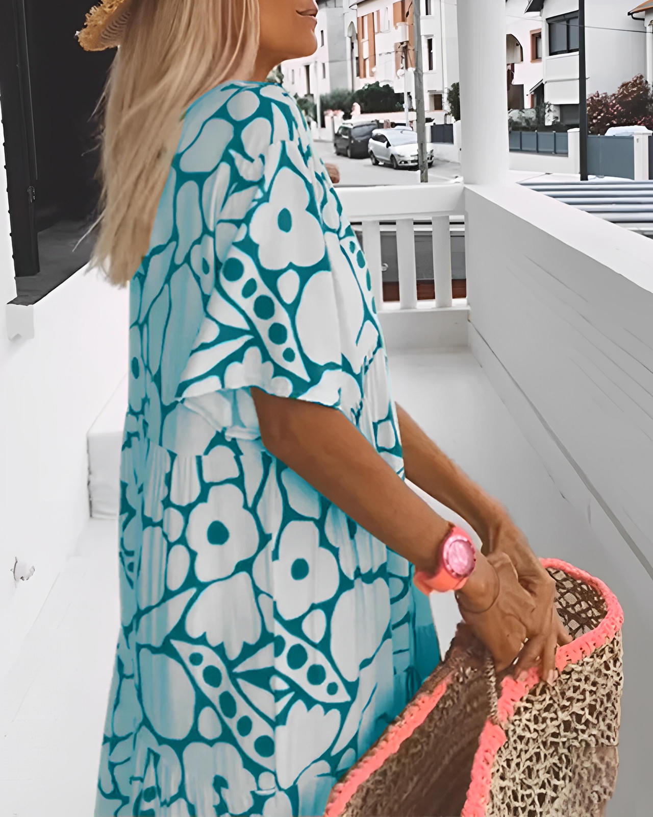 Printed Loose-Fit Dress with V-Neckline