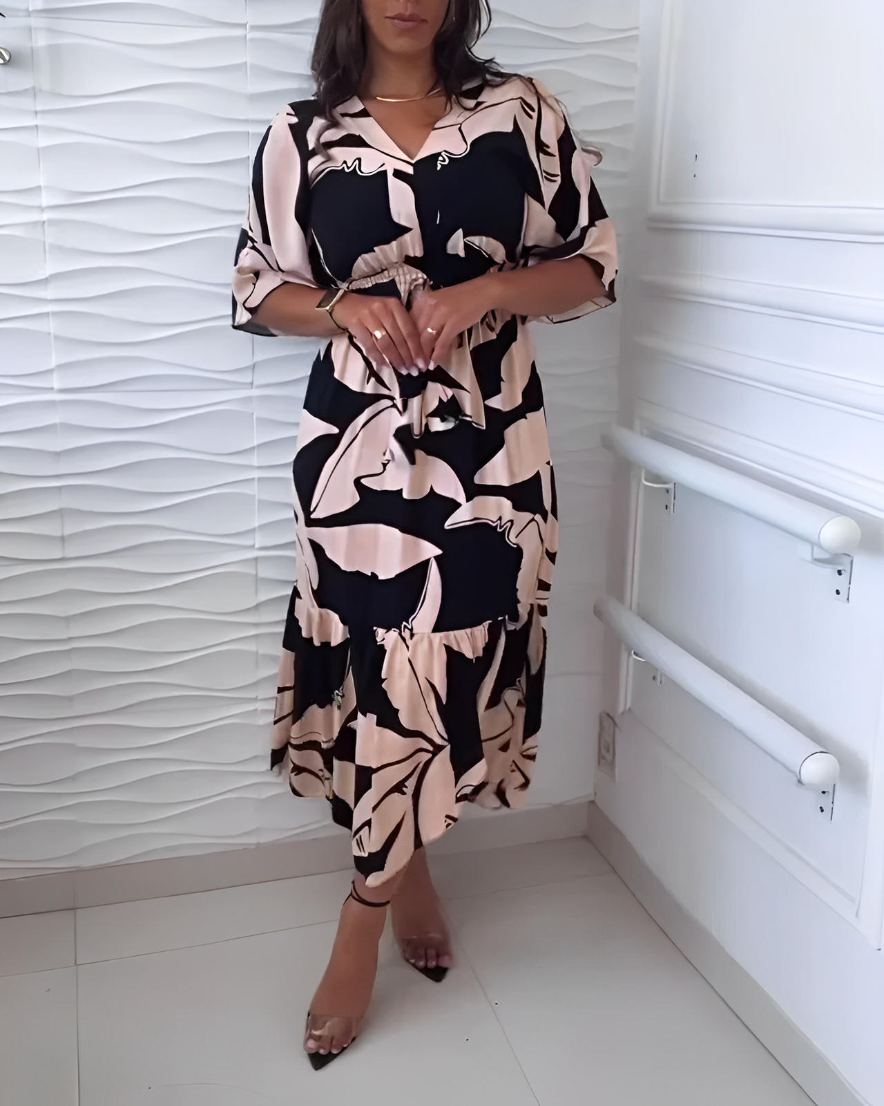 Elegant V-Neck Dress with 3/4 Sleeves and Tie Detail