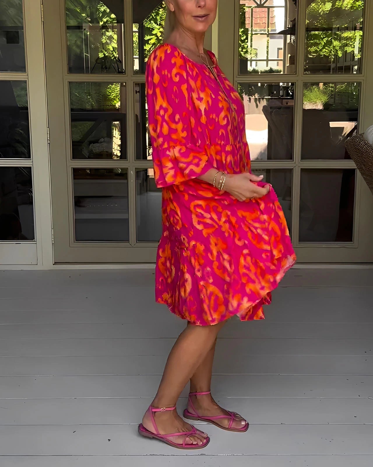 Printed Dress with Bell Sleeves & Relaxed Fit Silhouette