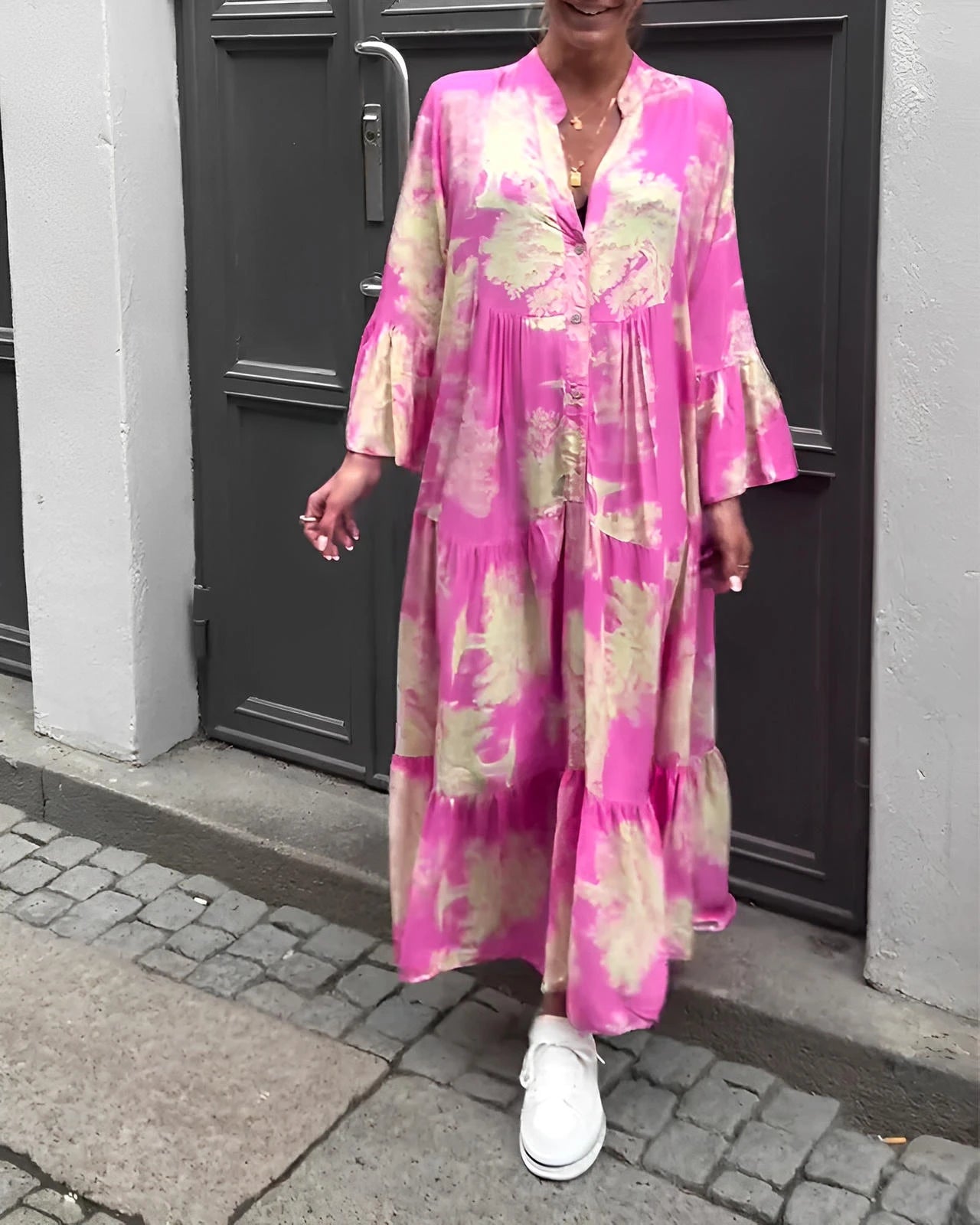 Loose Printed V-Neck Patchwork Dress with Flared Sleeves