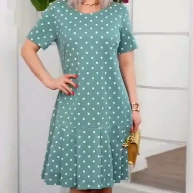 Casual Polka Dot Printed Dress with Short Sleeves & Relaxed Fit