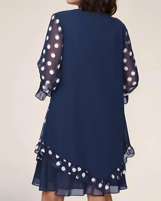 Polka Dot Patchwork Dress with Long Sleeves & Relaxed Fit
