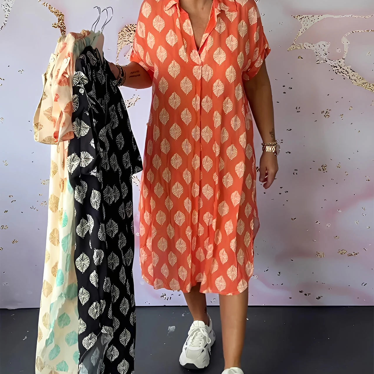 Short Sleeve Loose-Fit Dress with Notched Lapel Collar