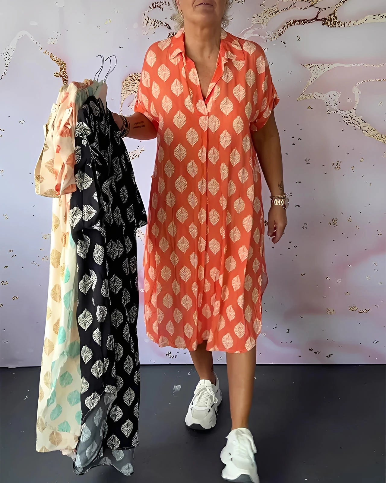 Short Sleeve Loose-Fit Dress with Notched Lapel Collar