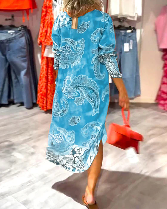 High Neck Long Sleeve Dress with Cashew Paisley Print