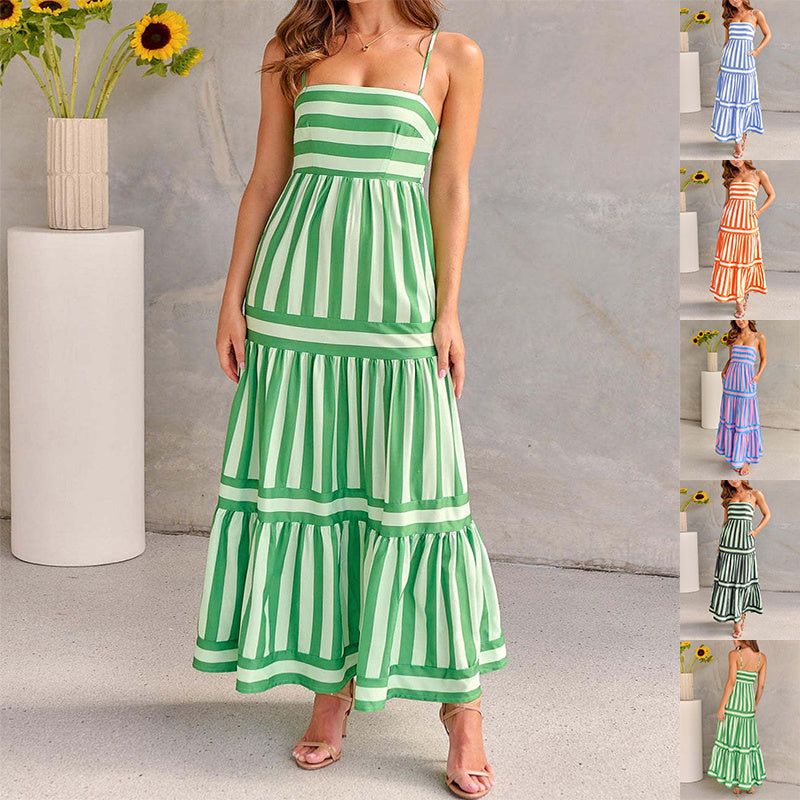 Summer Striped Suspender Maxi Dress