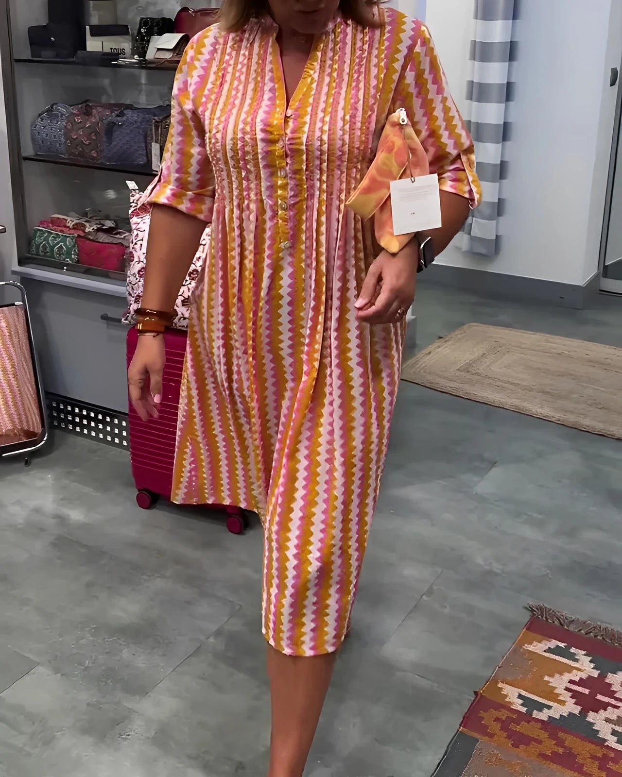 Wave Pattern Knit Dress with Long Sleeves and Side Split