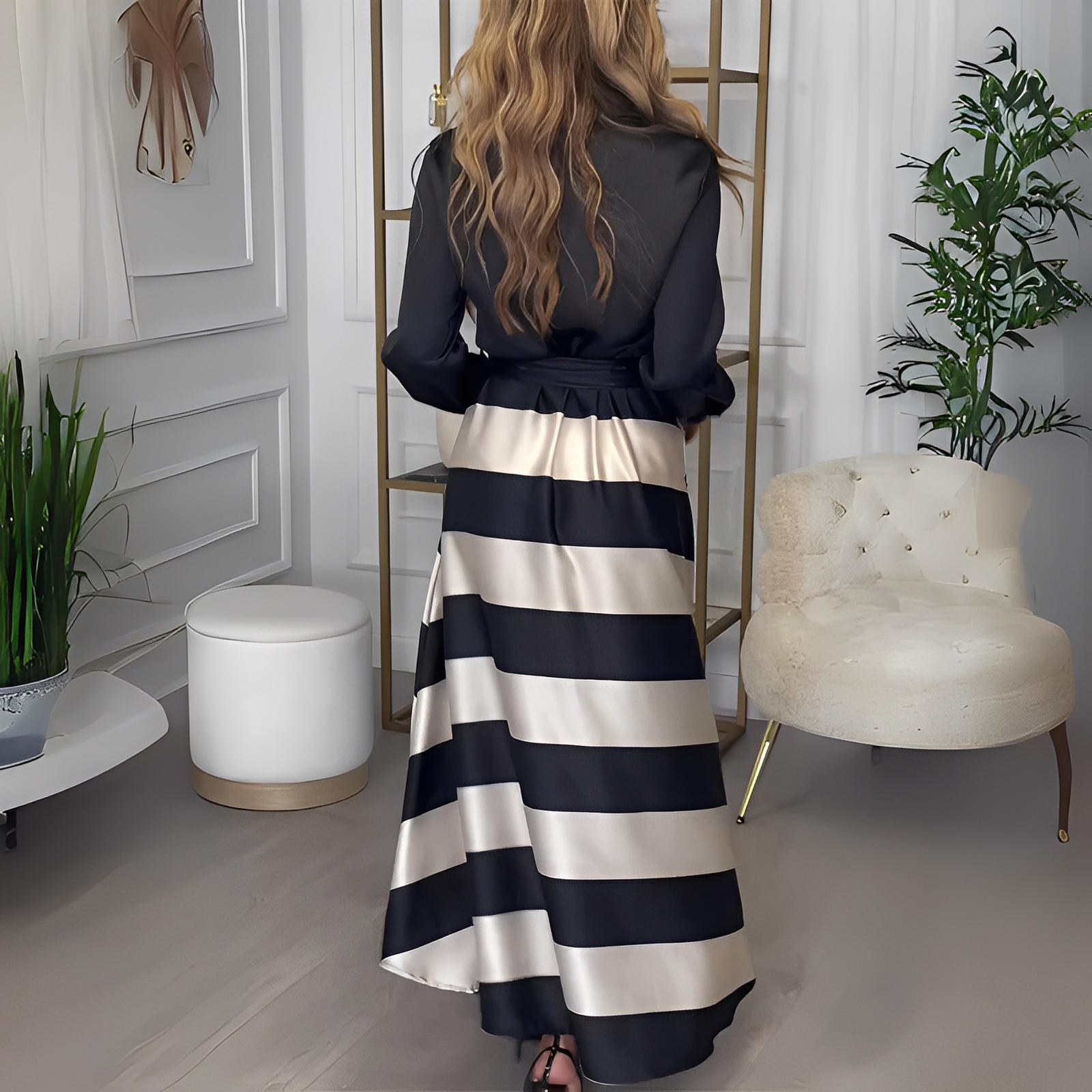Elegant Long Striped Maxi Dress with Lace Detail