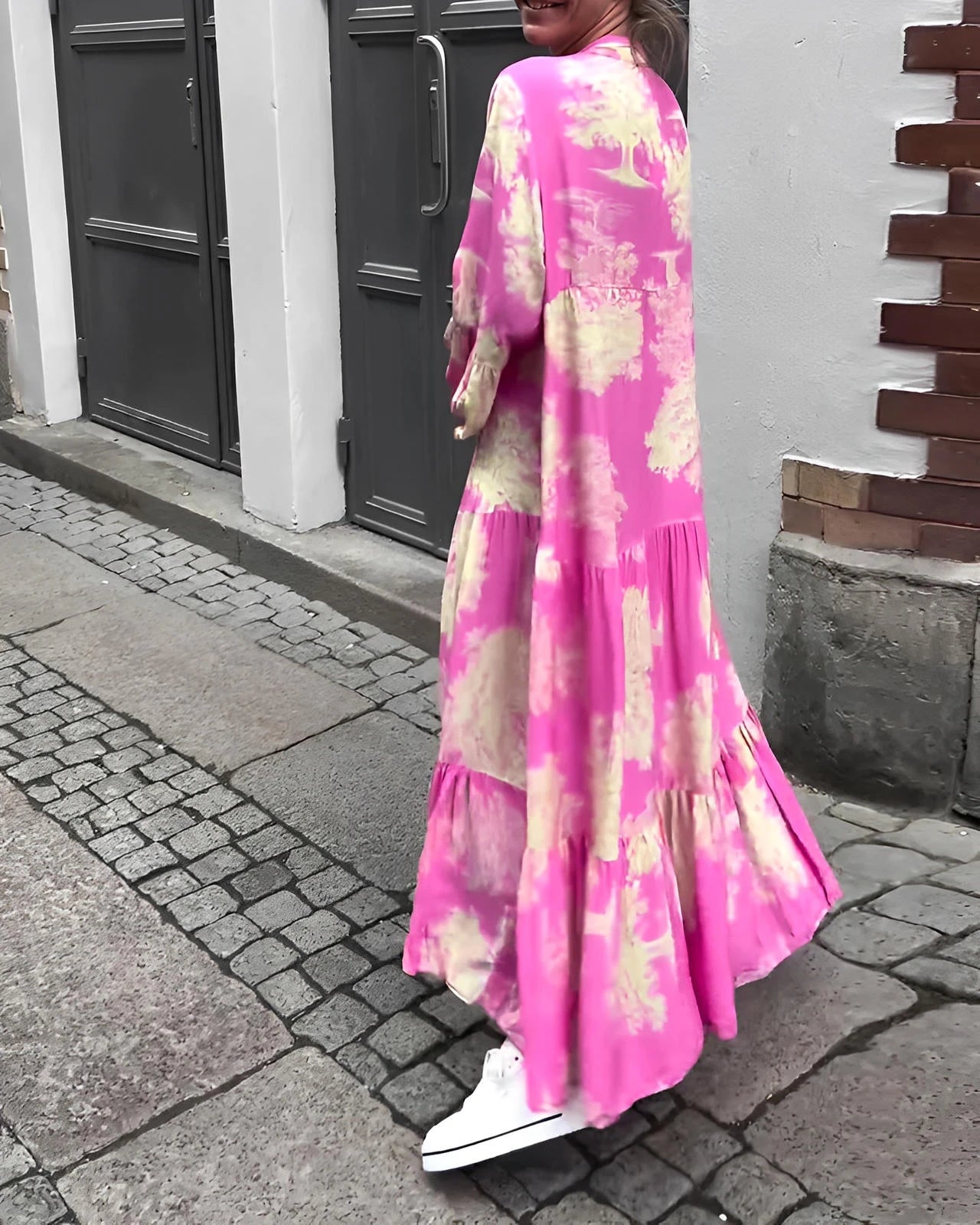 Loose Printed V-Neck Patchwork Dress with Flared Sleeves