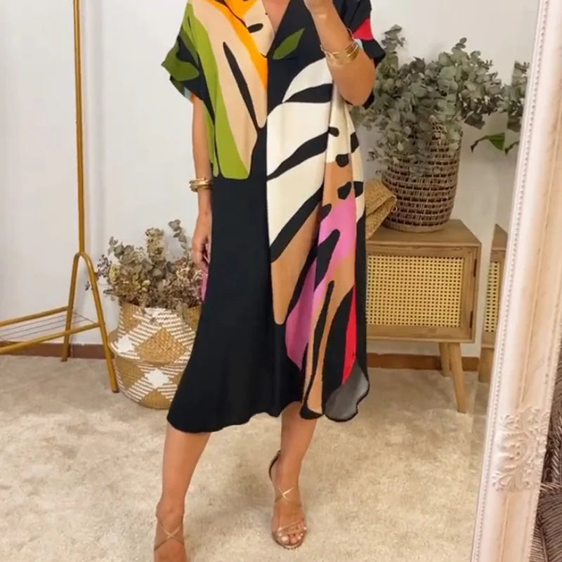 Colourful Relaxed Fit Dress with Leaf Print & Short Sleeves