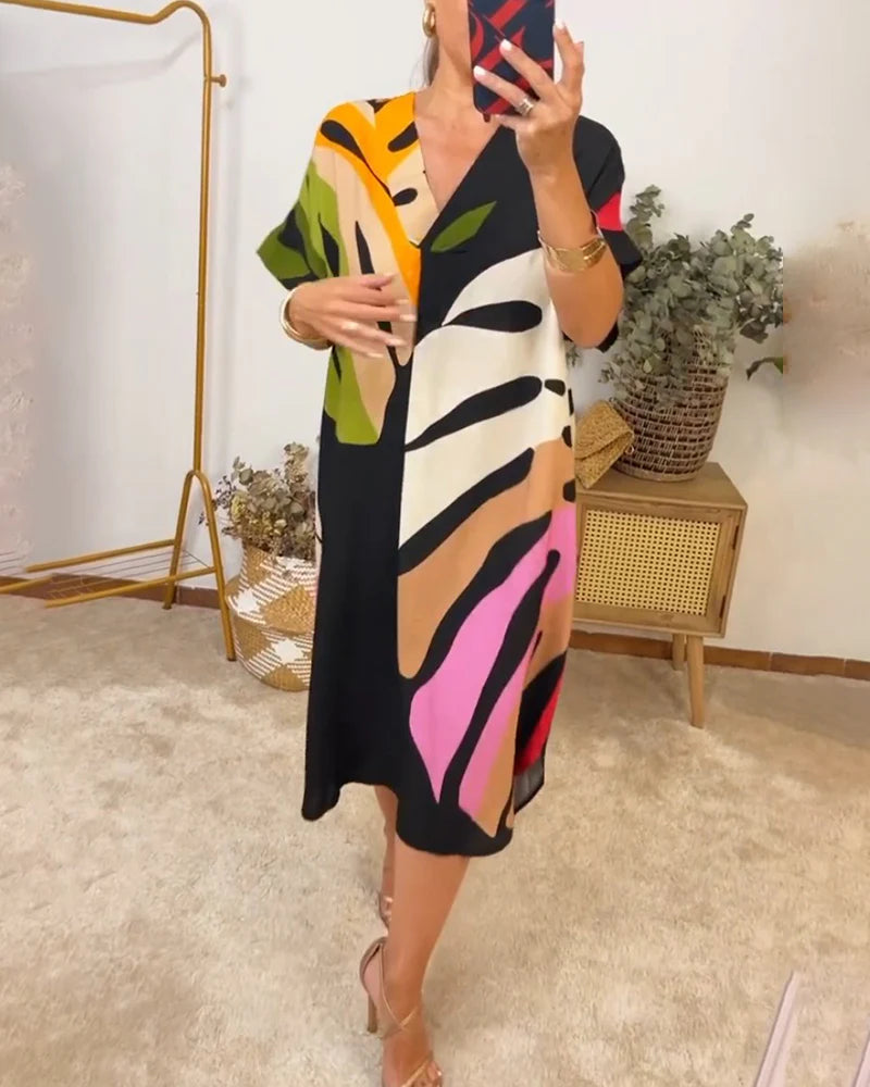 Colourful Relaxed Fit Dress with Leaf Print & Short Sleeves