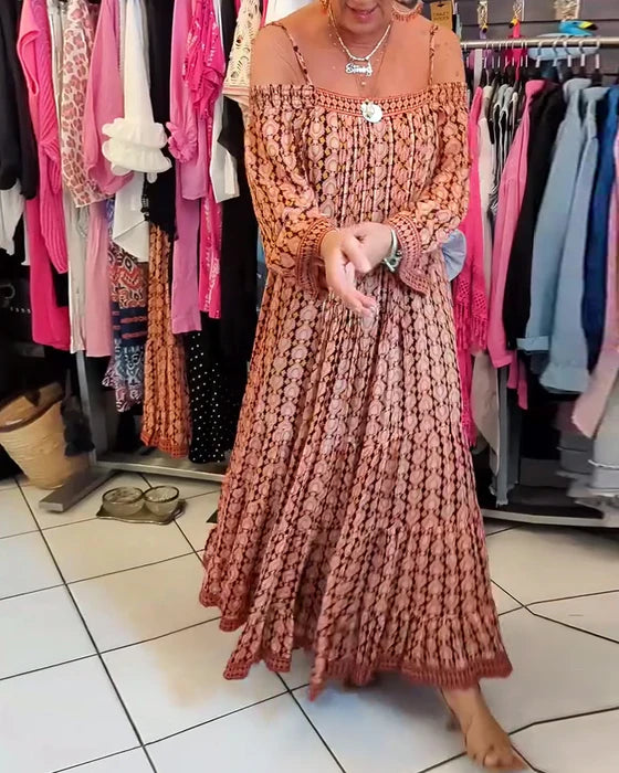 Boho Spaghetti Strap Loose-Fit Midi Dress with Flowy Silhouette