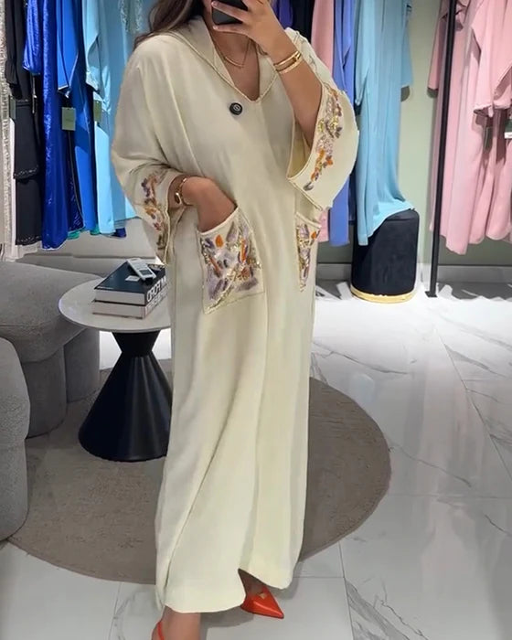 Casual Embroidered Hoodie Dress with Pockets & Relaxed Fit