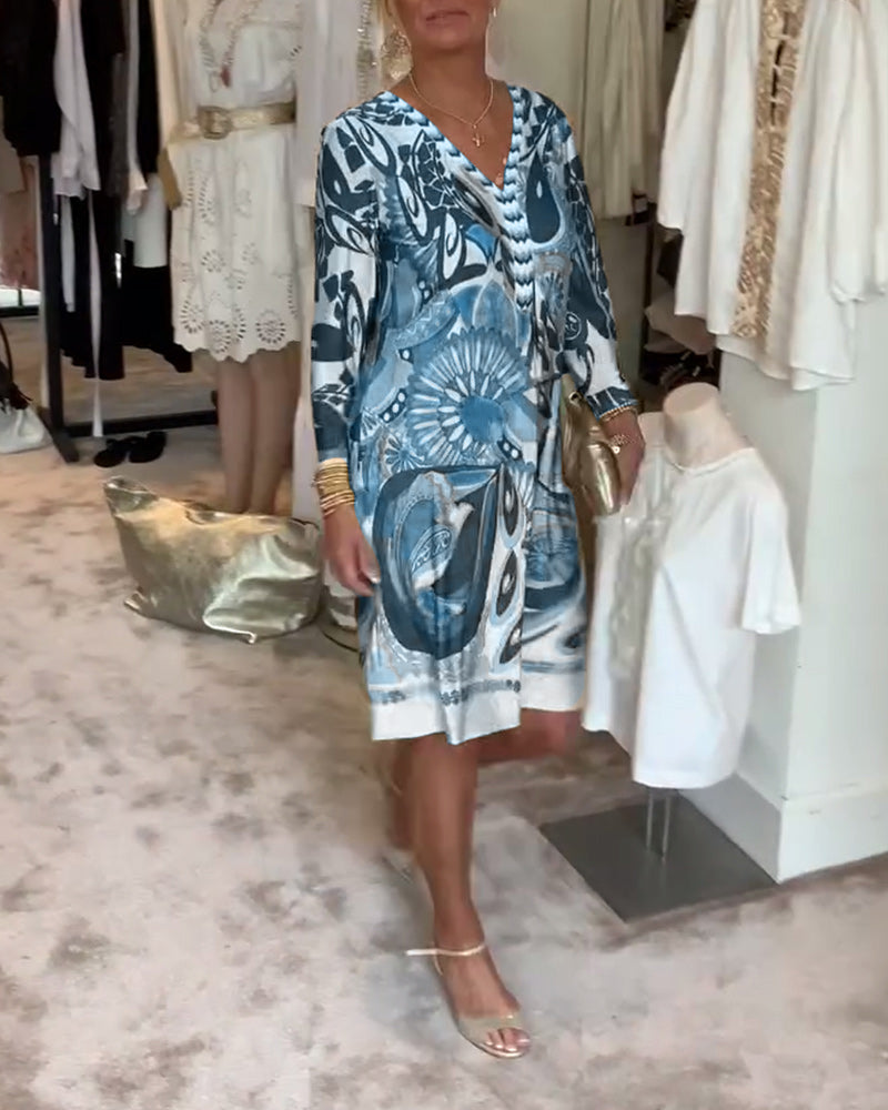 V-Neck Midi Dress Dress with Retro Print