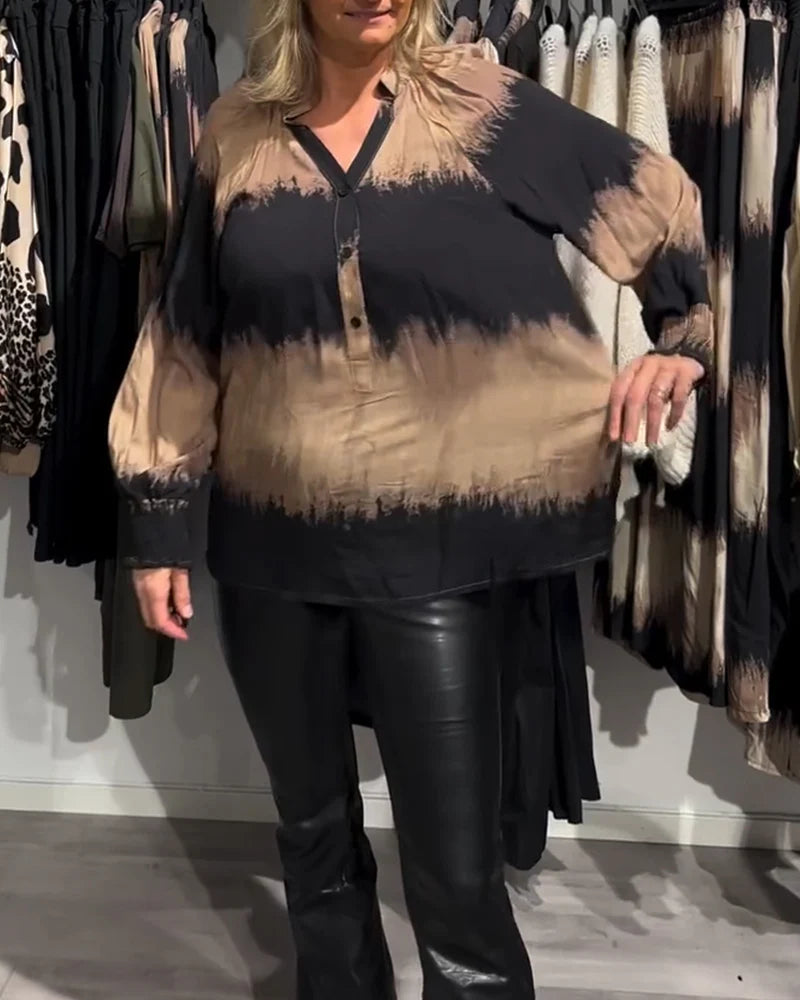 Vintage Colour block Blouse with V-Neckline & Relaxed Fit