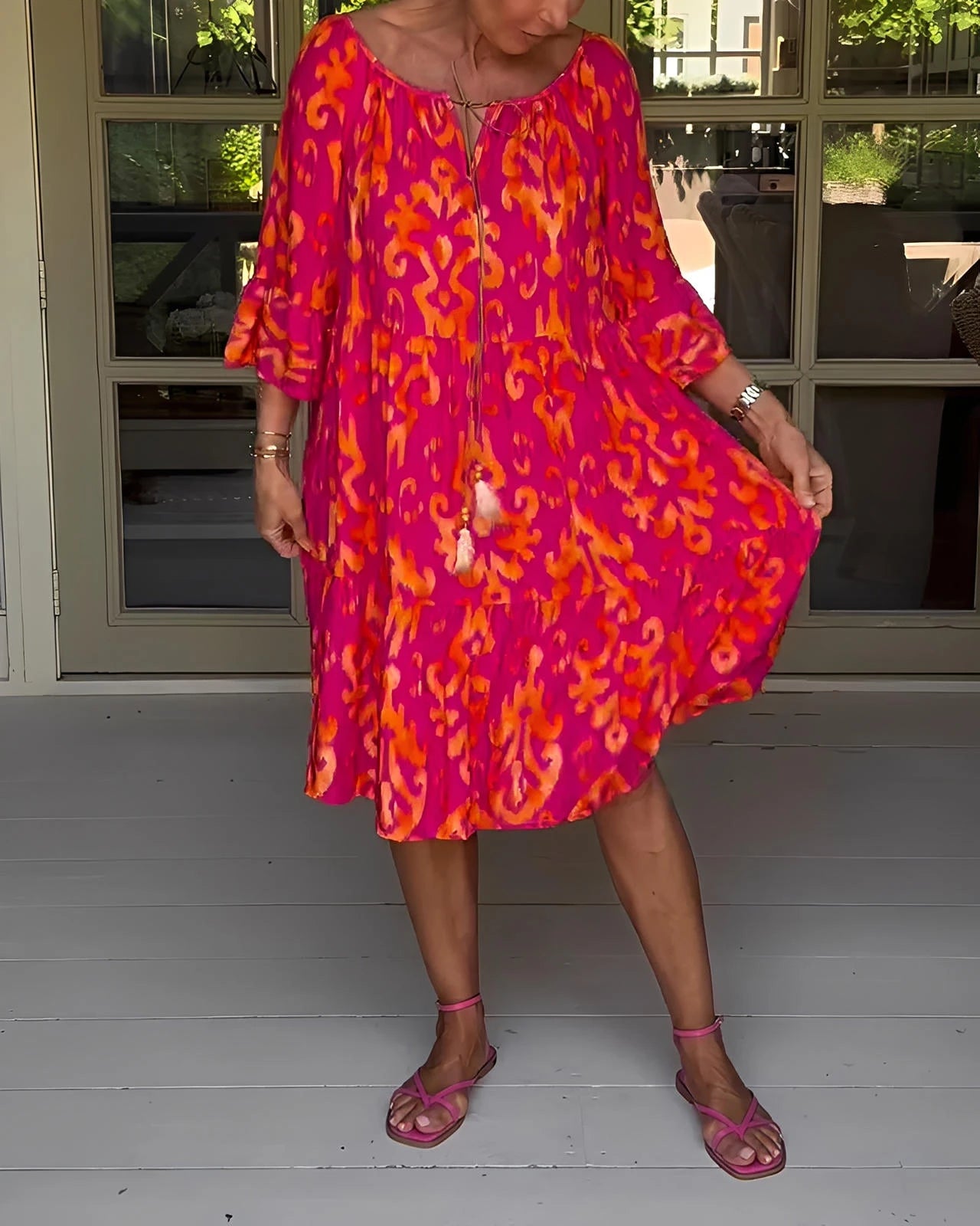 Printed Dress with Bell Sleeves & Relaxed Fit Silhouette