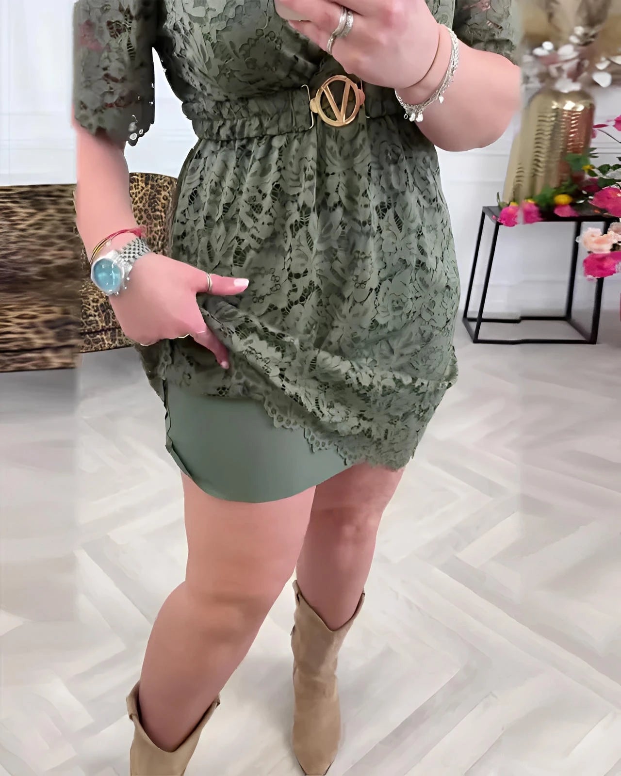 V-Neck Midi Dress with Lace Short Sleeves & Fitted Waist