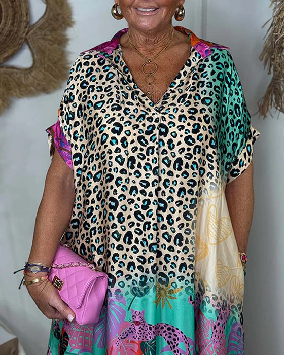 Leopard Print Dress with Lapel Collar & Pocket Detail