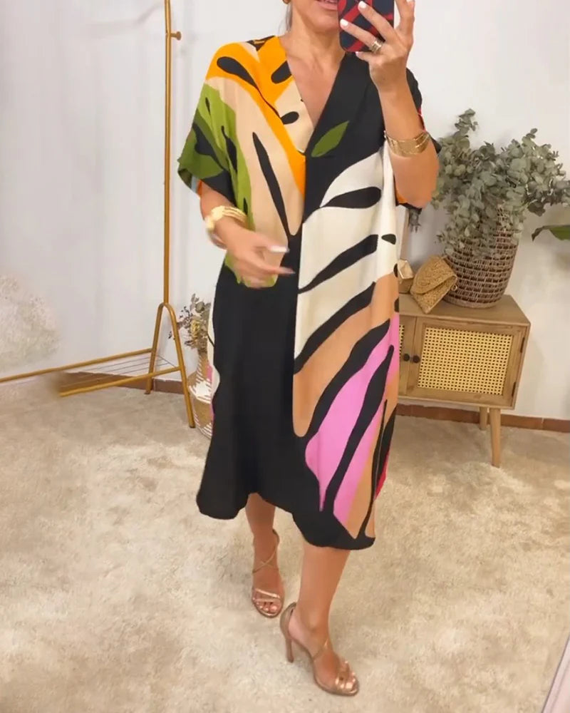 Colourful Relaxed Fit Dress with Leaf Print & Short Sleeves