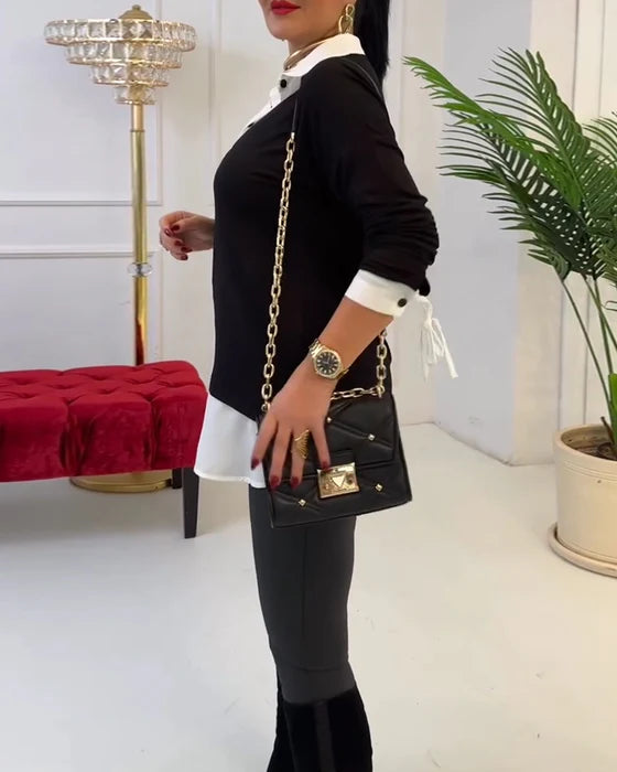 Black & White Patchwork Top with Contrast Collar