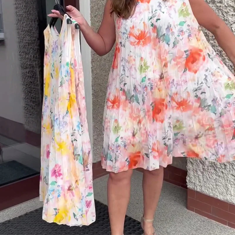 Sleeveless Pleated Floral Print Midi Dress with Defined Waist