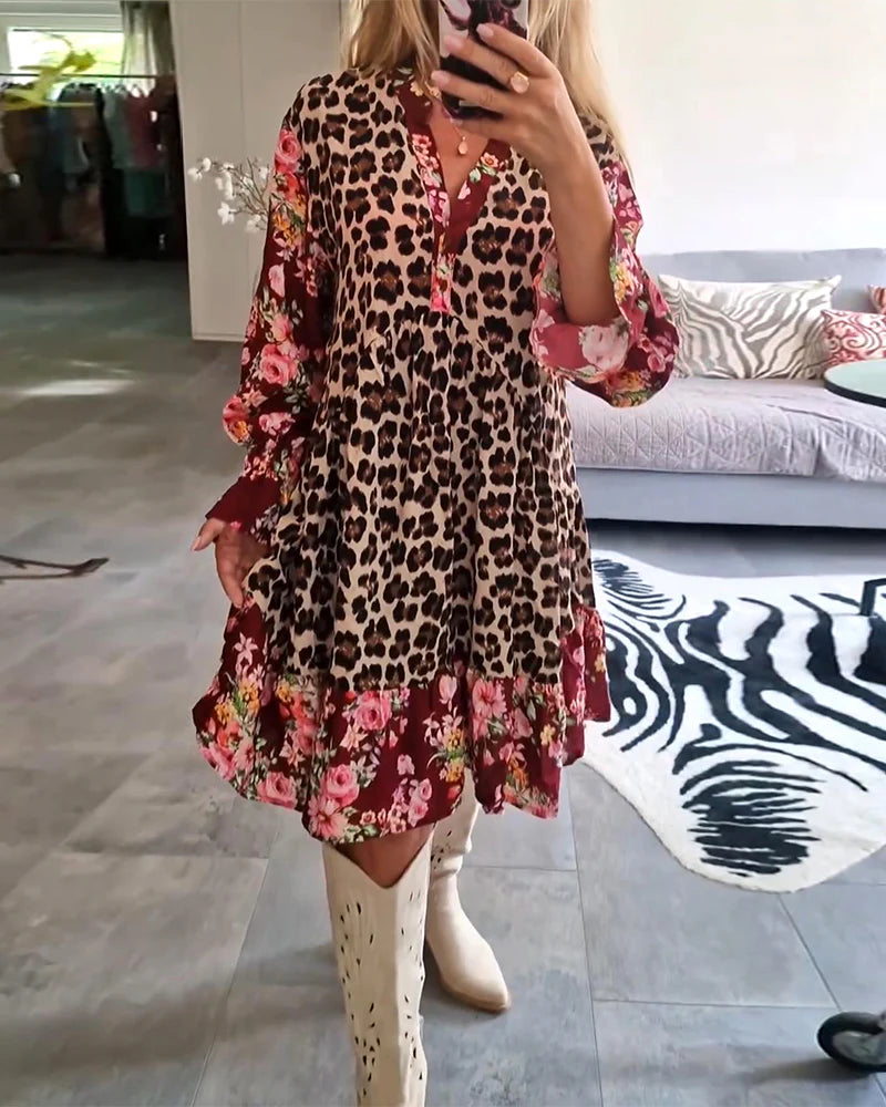 Trendy Bell Sleeve Dress with Leopard & Floral Print
