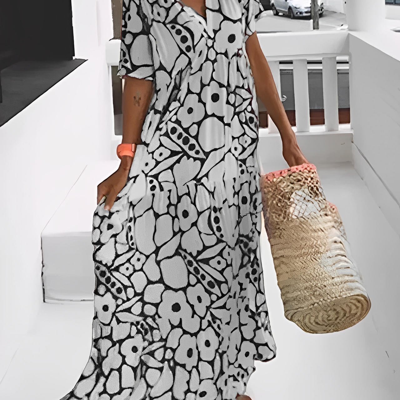 Printed Loose-Fit Dress with V-Neckline