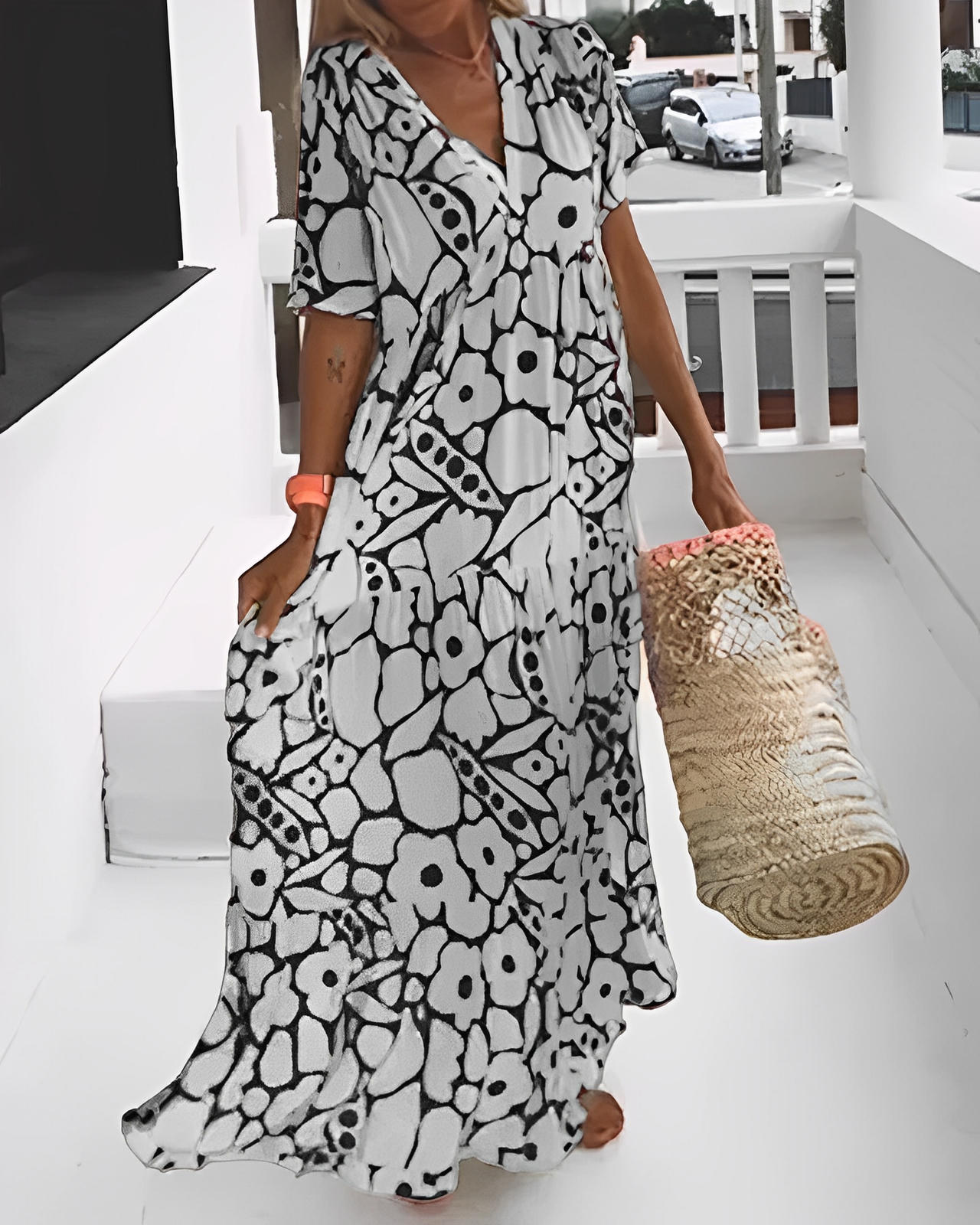 Printed Loose-Fit Dress with V-Neckline
