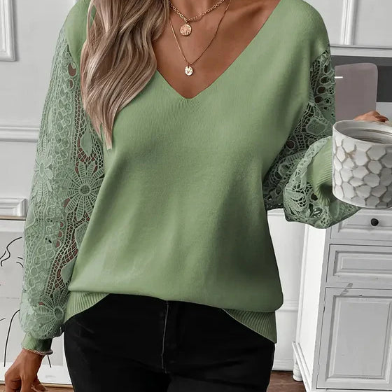Trendy V-Neck Hollow-Knit Sweater with Lightweight Ajour Detail