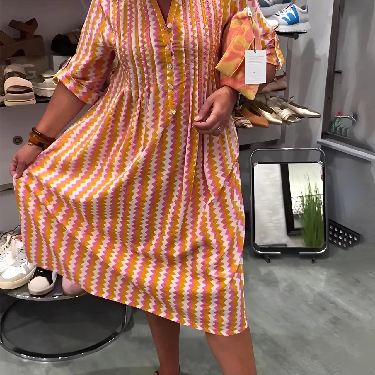 Wave Pattern Knit Dress with Long Sleeves and Side Split