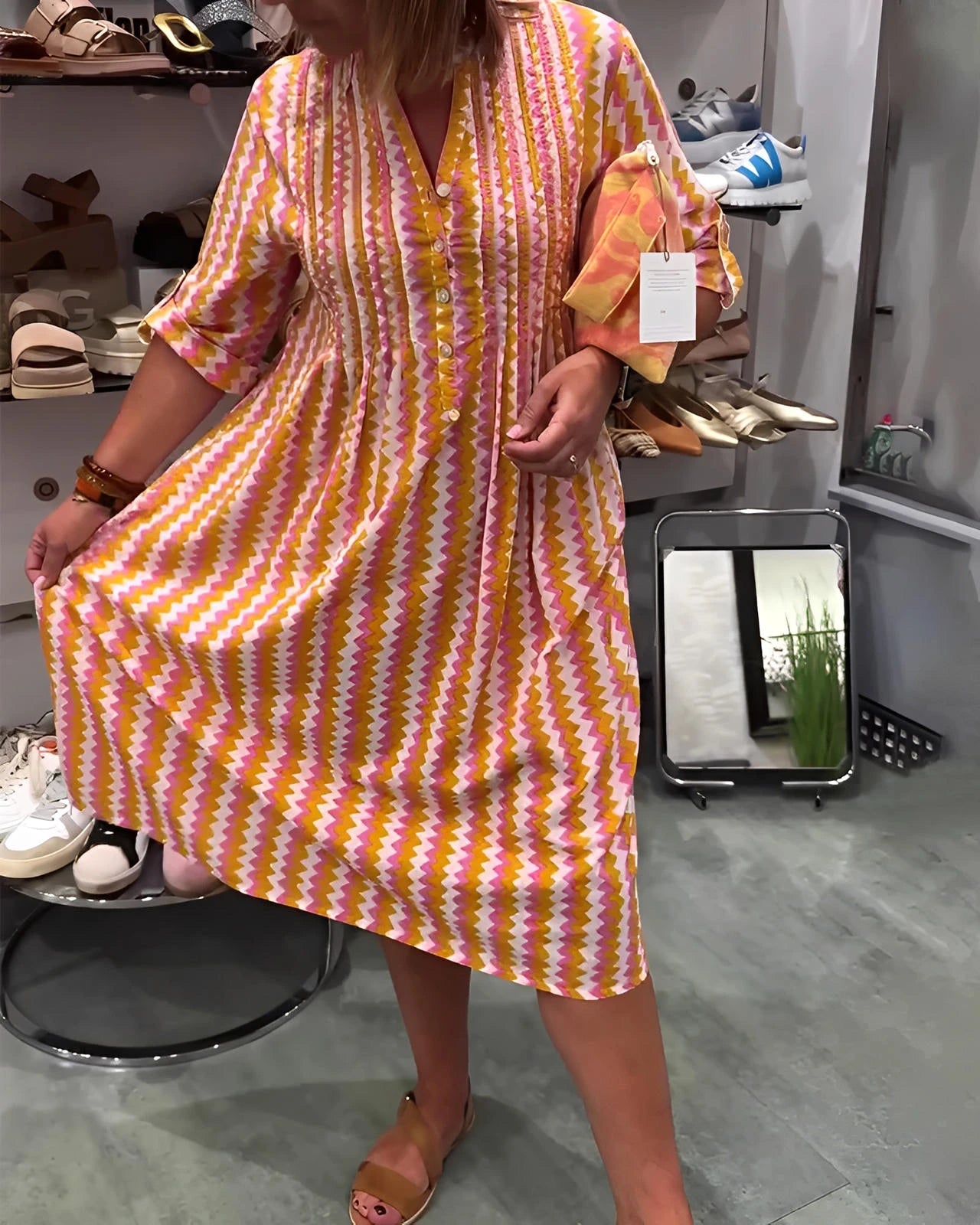 Wave Pattern Knit Dress with Long Sleeves and Side Split