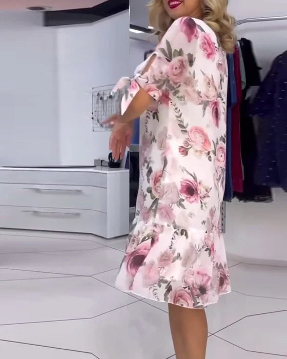 Elegant Round Neck Floral Print Midi Dress with Short Sleeves