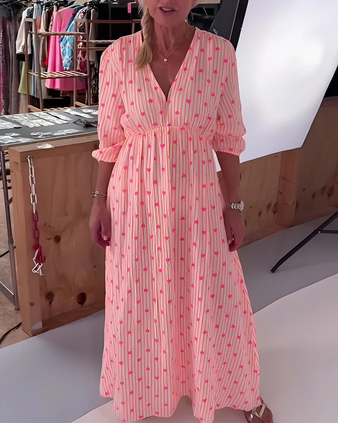 Elegant V-Neck Dress with Heart Print & Short Sleeves