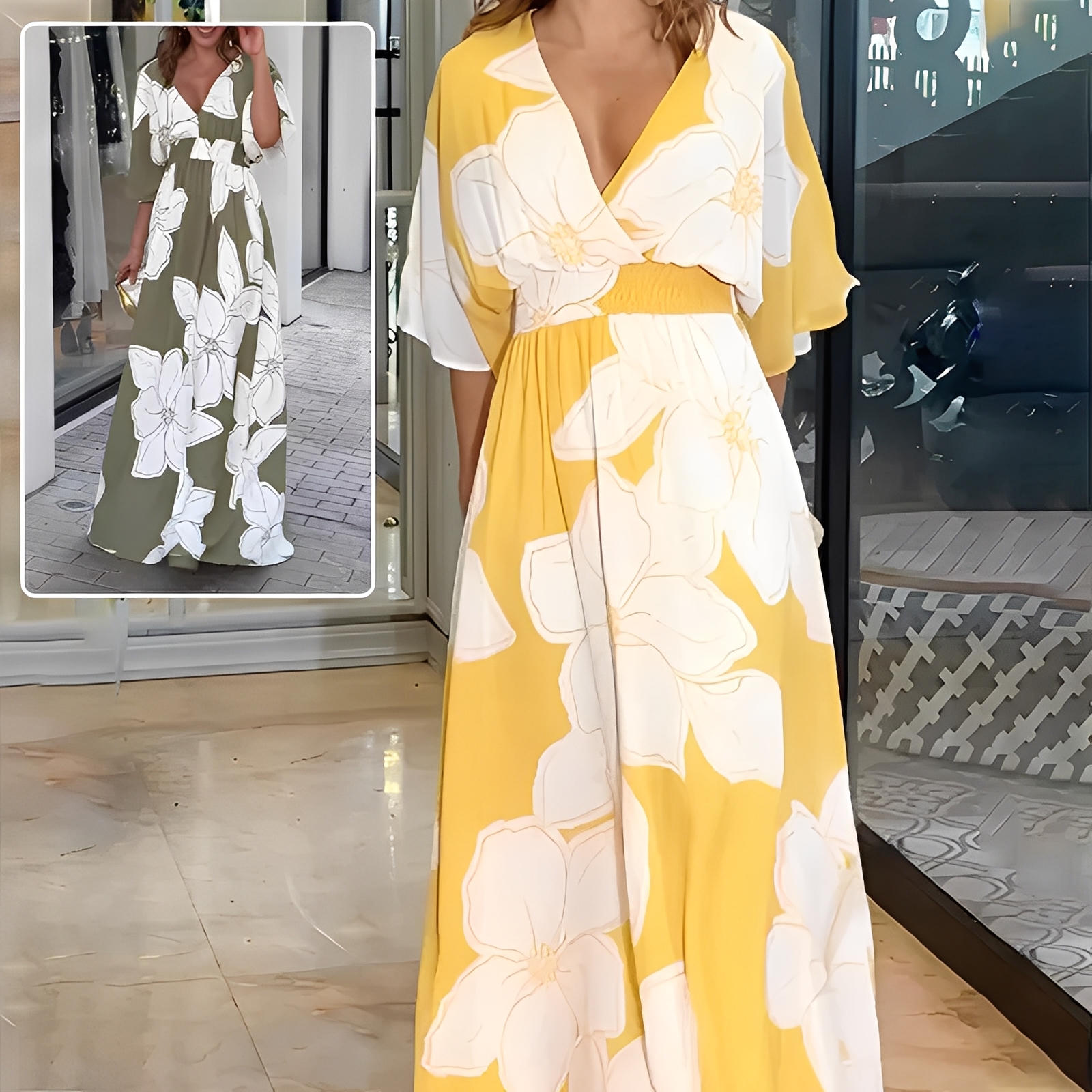 Floral Print V-Neck Batwing Sleeve Maxi Dress with Backless Detail