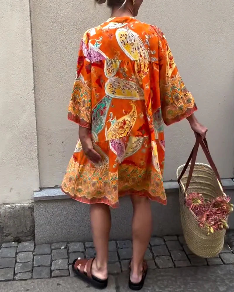 Bohemian Print Dress with Relaxed Fit & Long Sleeves