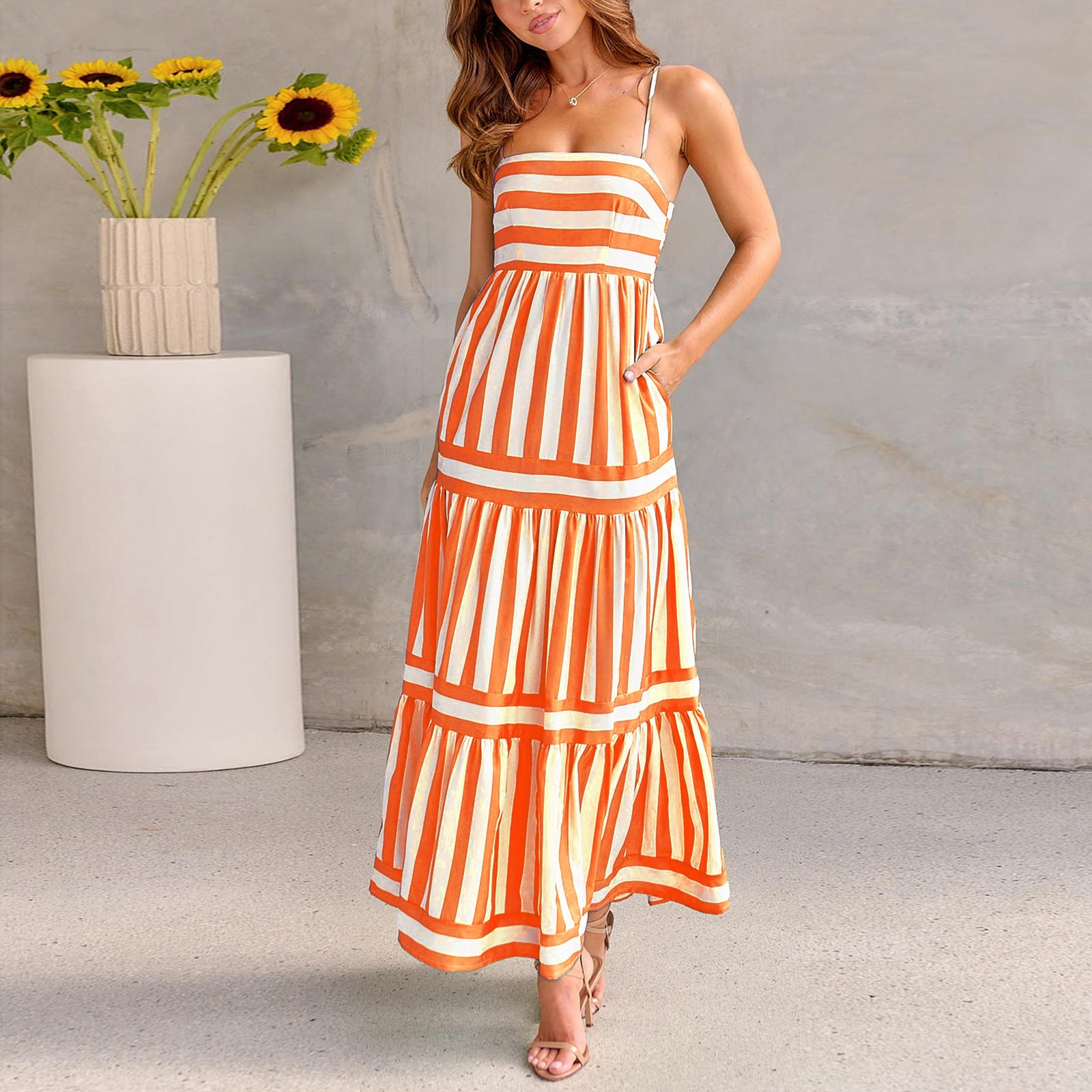 Summer Striped Suspender Maxi Dress