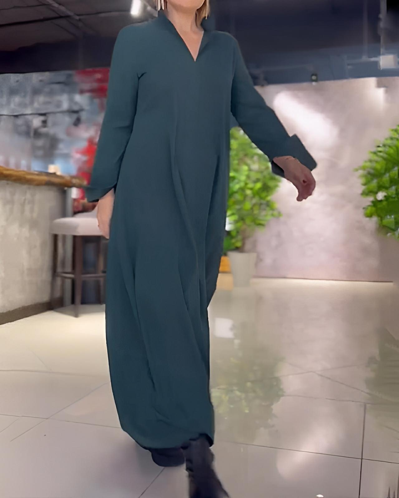 Loose Fit Maxi Dress with Slit – Casual Long Sleeve