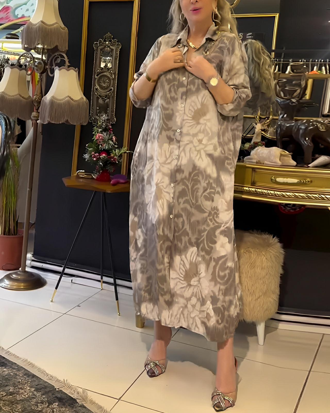 Vintage Print Dress with Lapel Button