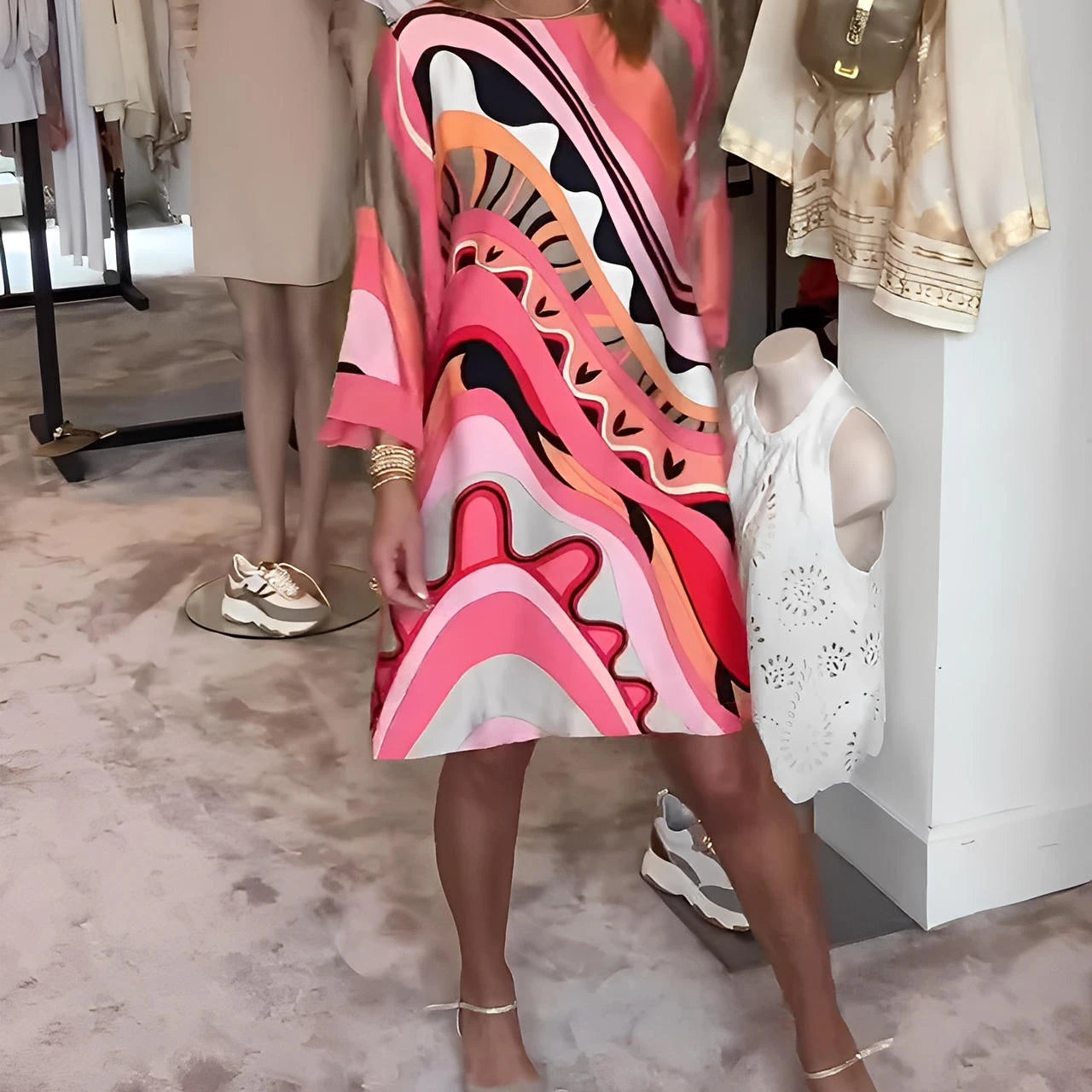 Printed Round Neck Midi Dress with Relaxed Fit