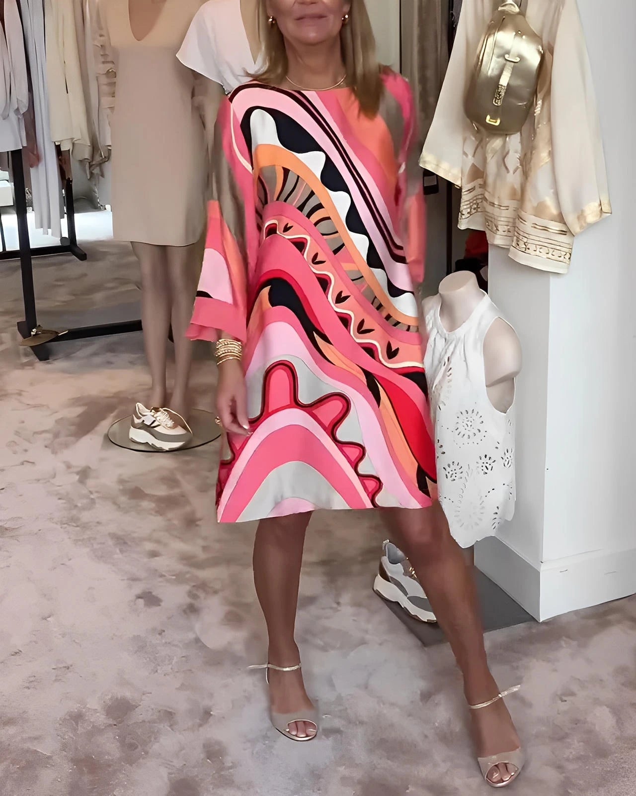 Printed Round Neck Midi Dress with Relaxed Fit