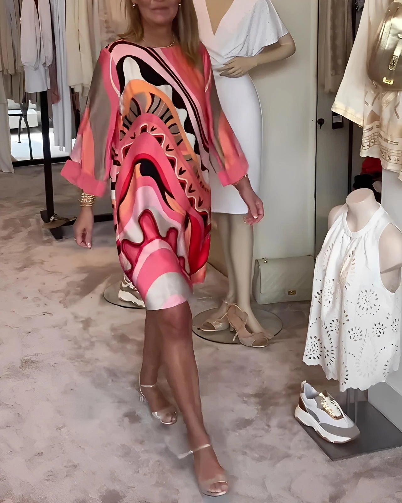 Printed Round Neck Midi Dress with Relaxed Fit